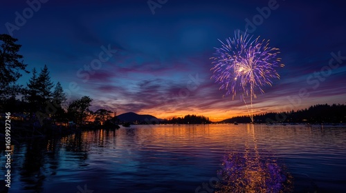 Colorful Fireworks Over Serene Lake at Dusk with Vibrant Sky and Reflections