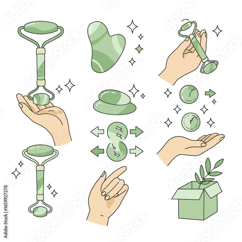 A delightful vector illustration set featuring natural beauty and self-care tools like jade rollers, gua sha, and soothing stones for skin wellness.