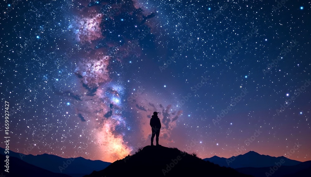 Fototapeta premium a solitary figure standing atop a hill, gazing at the starlit cosmos, full of mysteries and wonder