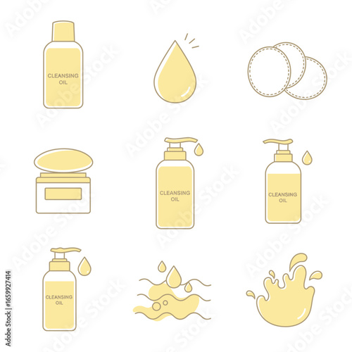 Minimalist vector illustration set featuring various cleansing oil containers, a single drop, cotton pads, and liquid splashes, perfect for beauty and health concepts.