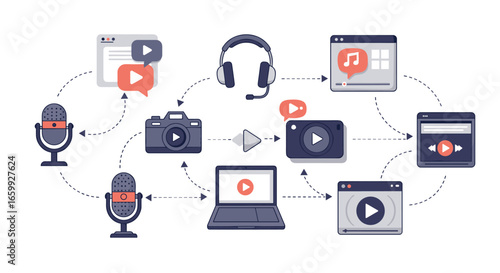 Flat media production workflow with audio and video equipment icons