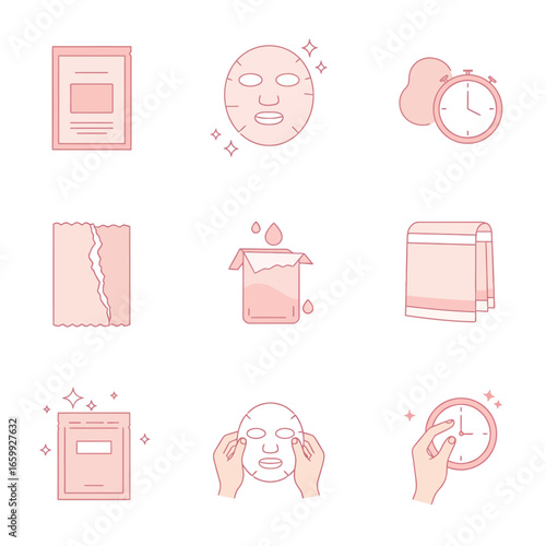 Modern, clean line art icons in delicate pink illustrate the complete process of using a sheet face mask for a refreshing and effective beauty treatment.