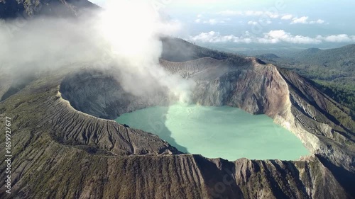 Curved Drone Flight Over Kawah Ijen Volcano Crater Lake