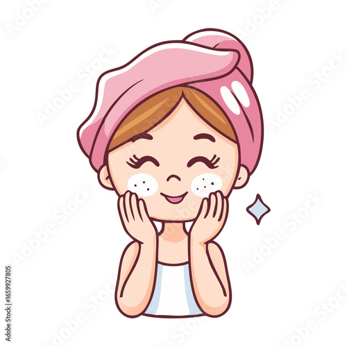 Cute Girl With The Towel On Head Care For Her Skins After Taking Bath
