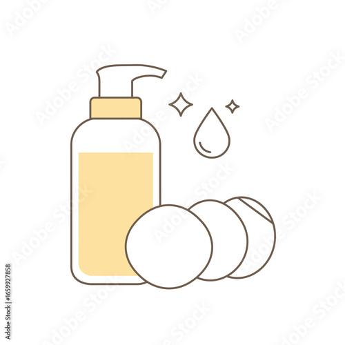An elegant minimalist illustration of a pump bottle with liquid and cotton pads, symbolizing beauty, skincare, and gentle cleansing.