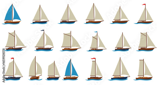 Diverse sailboat collection on white background