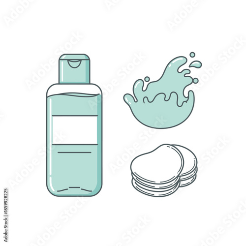 A clean line art illustration featuring a cosmetic bottle, a refreshing liquid splash, and soft cotton pads, symbolizing essential skincare and facial cleansing.