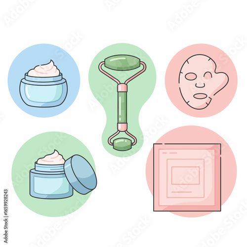 A charming flat illustration set highlighting popular skincare and self-care essentials, including nourishing creams, a jade roller, and a refreshing facial mask.