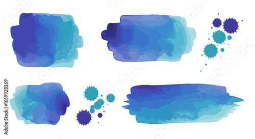Abstract blue watercolor brush strokes and splash set for creative design projects