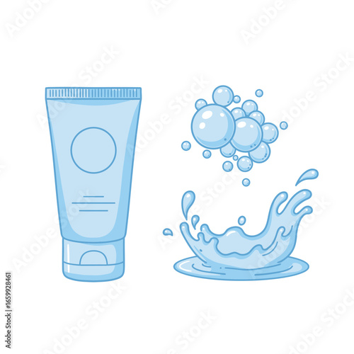 Clean illustration of a light blue cosmetic tube, dynamic water splashes, and delicate soap bubbles, ideal for hygiene, beauty, and cleansing product designs.
