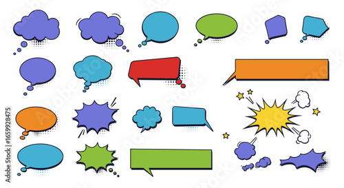Colorful comic style speech and thought bubbles with pop art elements