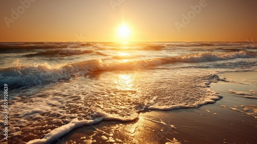 Serene Sunset Over Calm Ocean Waves With Golden Light Reflected on Sandy Shoreline During Peaceful Evening Scene