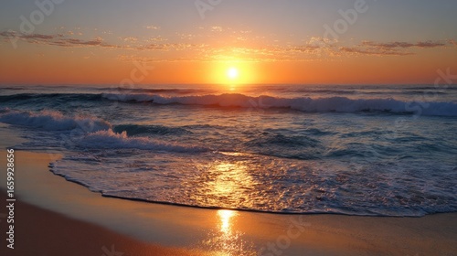 Serene Sunset Over Tranquil Ocean Waves with Reflection on Sandy Beach Creating Peaceful Atmosphere at Dusk