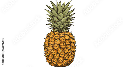 Hand drawn detailed pineapple with green leaves on white background
