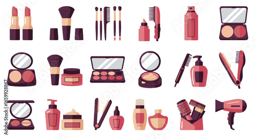 Beauty and makeup essentials: lipstick, brushes, and hair tools set