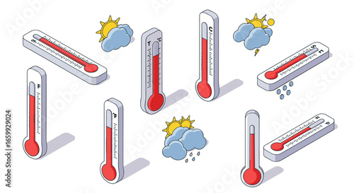 Isometric thermometers with weather icons depicting various temperature and climate conditions