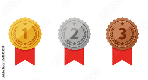 Gold, silver, bronze medals with red ribbons on white background
