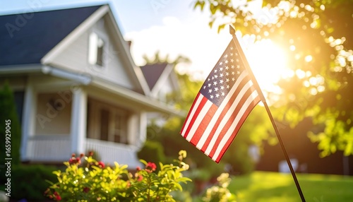 American flag with home, sunset, and garden.