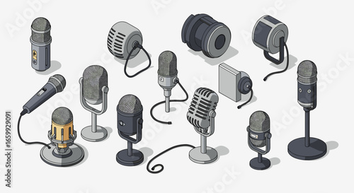 Collection of isometric retro and modern microphones