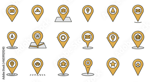 Set of yellow map pins with icons for navigation and location marking