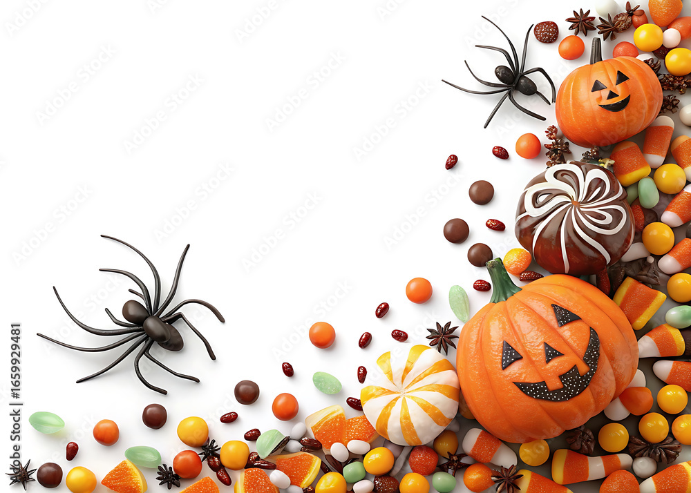 Obraz premium Halloween candy and pumpkins with black spiders arranged on a white background trick or treat