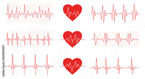 Heartbeat patterns and heart symbols with ekg line art for medical designs