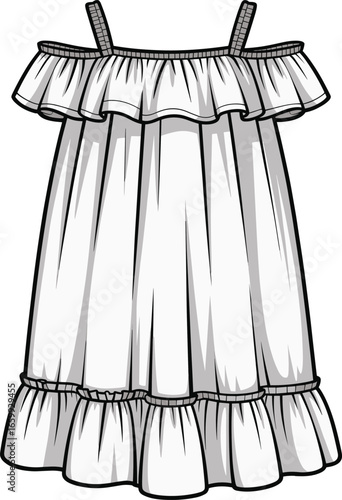 Elegant summer dress, ruffled layers, off-shoulder style, beachwear fashion, white flowy garment, stylish apparel, warm weather clothing, cad drawing, flat vector illustration