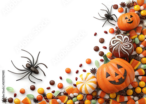 Halloween candy and pumpkins with black spiders arranged on a white background trick or treat