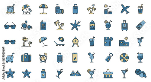 Beach vacation line icons set featuring travel, relaxation, and tropical elements
