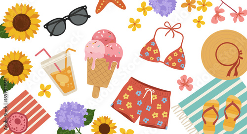 Summer essentials pattern: beachwear, ice cream, and floral elements