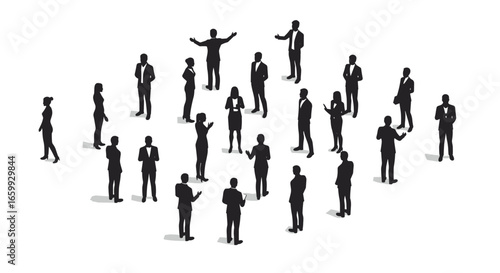 Silhouettes of people in business attire engaged in conversation