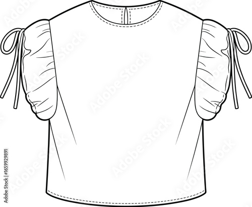 Fashion blouse CAD drawing, ruched sleeve top, bow tie detail, flat sketch, vector illustration, sewing pattern, garment design, apparel template