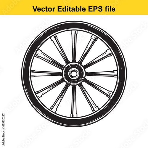 Black and white illustration of a bicycle wheel isolated on white background