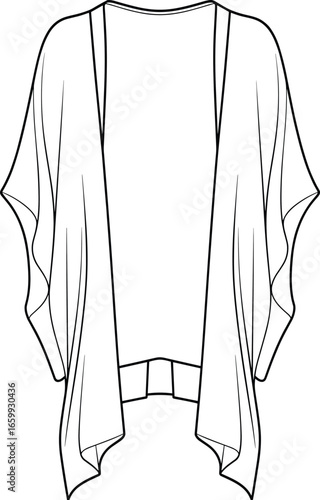 Fashionable open-front cardigan, stylish kimono sleeve, versatile layering piece, trendy women's outerwear, elegant draped silhouette, lightweight fabric, cad drawing flat vector illustration