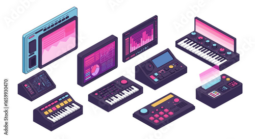 Modern isometric electronic music equipment with synthesizers and audio mixers