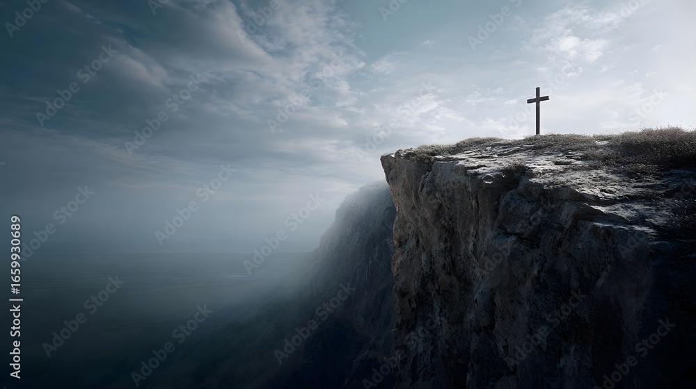 Fototapeta premium A lone cross stands atop a rugged cliff overlooking a vast atmospheric landscape