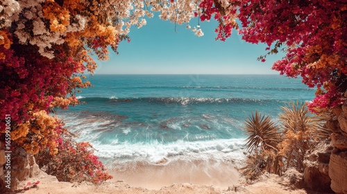 Serene Beach View Framed by Colorful Bougainvillea Flowers and Clear Blue Ocean Waves