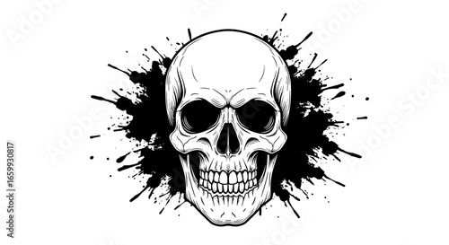 Intricate skull design with bold ink splatter on white background