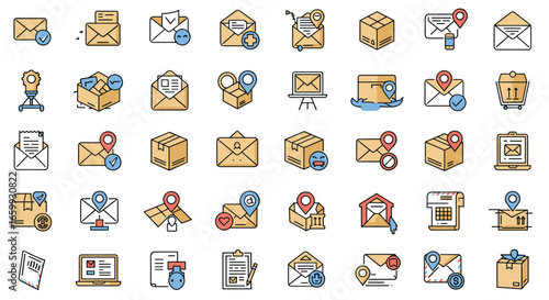 Flat style mail and delivery icons with tracking and package symbols for logistic and communication themes