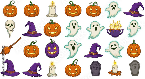 Halloween icons: pumpkins, ghosts, and more in cartoon style