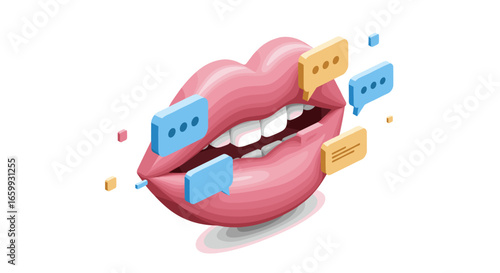 Colorful isometric lips engaging in social media communication with speech bubbles