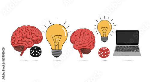 Creative brainstorming: brains, dice, light bulbs, and laptop for innovative ideas
