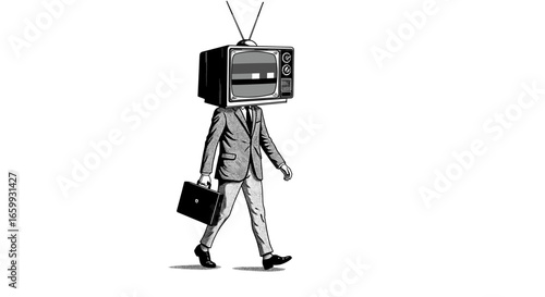 Surreal retro tv head businessman in monochrome walking with briefcase