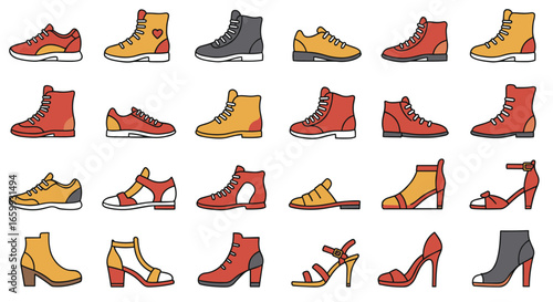 Colorful collection of various shoe styles in modern flat design