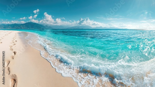Serene Beach Landscape with Crystal Clear Water and Soft Sand Under a Bright Blue Sky