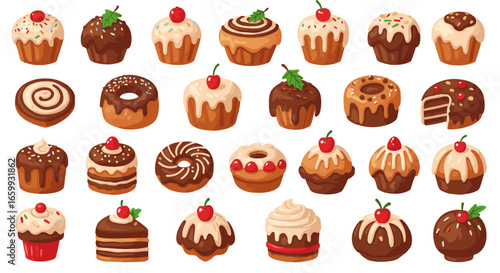 Assorted cupcake designs with frosting and toppings