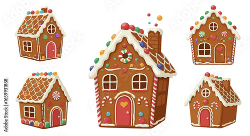 Festive gingerbread house collection with colorful candy decorations