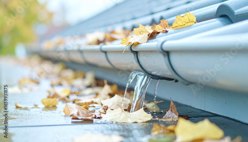 Close-up of rain gutter clogged with wet autumn leaves, water overflow, urban house roof edge, documentary style, high detail, copy space for text,