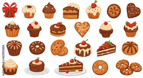 Delicious assortment of hand-drawn pastries and cakes with berries and icing