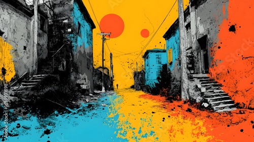 A colorful and gritty urban alley scene with dilapidated buildings graffiti covered walls and a dramatic sunset sky